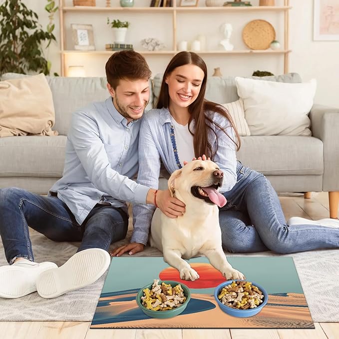 Sun Sunrise Dog Food Mat for Floors Absorbent, Quick Dry Water Dispenser Mat for Food, Water, Pet Supplies 17" x 30", Desert