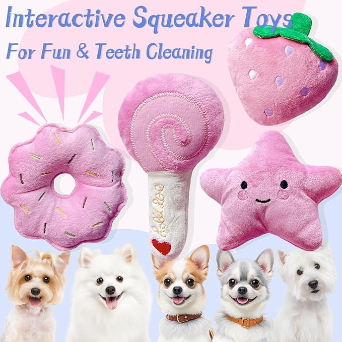 Small Dog Toys, Squeaky Dog Toy for Small Dogs- Pink Cute Puppy Toys, 4 Packs Pet Chew Toys for Fun, Interactive Dog Plush Toys for Puppies, Dog Squeak Toys