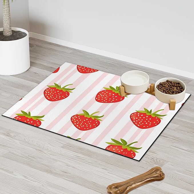 Red Strawberry Dog Food Mat for Floors Absorbent Dog Bowl Mat for Food and Water Dispenser Quick Dry Cat Food Placemat Pet Supplies 12" x 20", Pink Stripe
