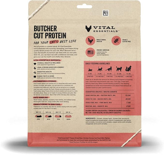 Vital Essentials Freeze Dried Cat Food, Raw Chicken Mini Patties | Complete Meal or Topper | Easy to Portion and Rehydrate | High Protein, Grain Free Dry Cat Food | 8 oz Bag