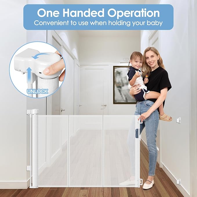 Reinforced 75” Wide Retractable Baby Gate with Support Rods, Upgrade Extra Long Retractable Dog Gates for Doorways Extra Wide Mesh Baby Gate Retractable Pet Gate for Stairs Child Safety Gate(White)