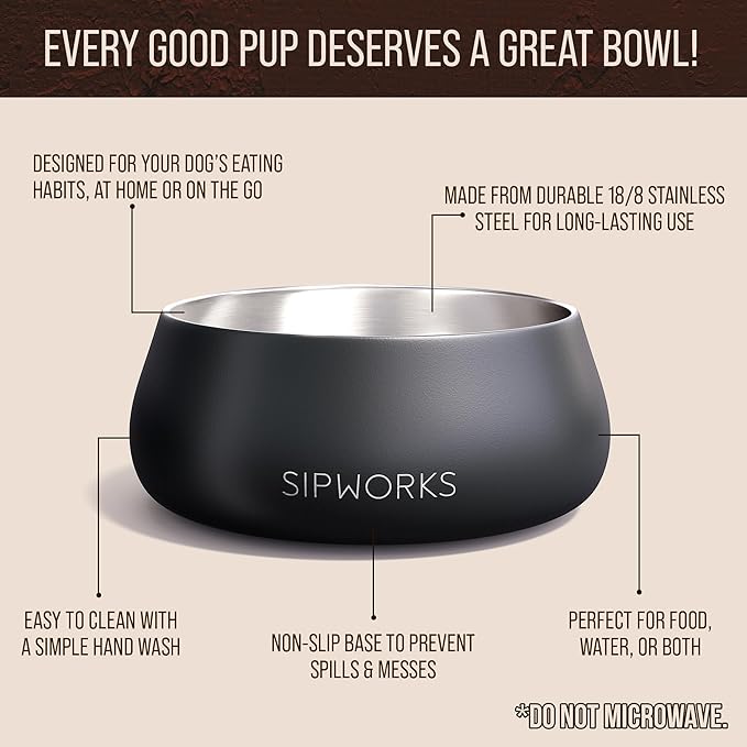 Sipworks Stainless Steel Dog Bowl – 32oz Weighted Metal Food and Water Bowls for Dogs and Cats with Non-Slip Base - Pet Bowls for All Breeds Sizes for Travel & Outdoor Play - Steel