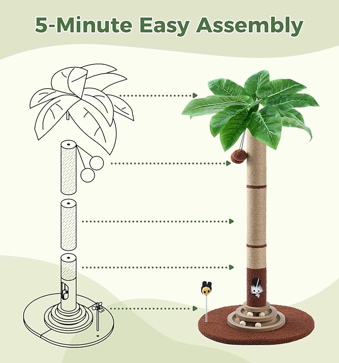 Made4Pets 42" Tall Cat Scratching Post with Sisal Rope, Interactive Hanging Balls, Toy Mouse and Two-Layer Ball Track Cat Toys, Palm Tree Cat Scratcher Tower for Indoor Cats and Kittens