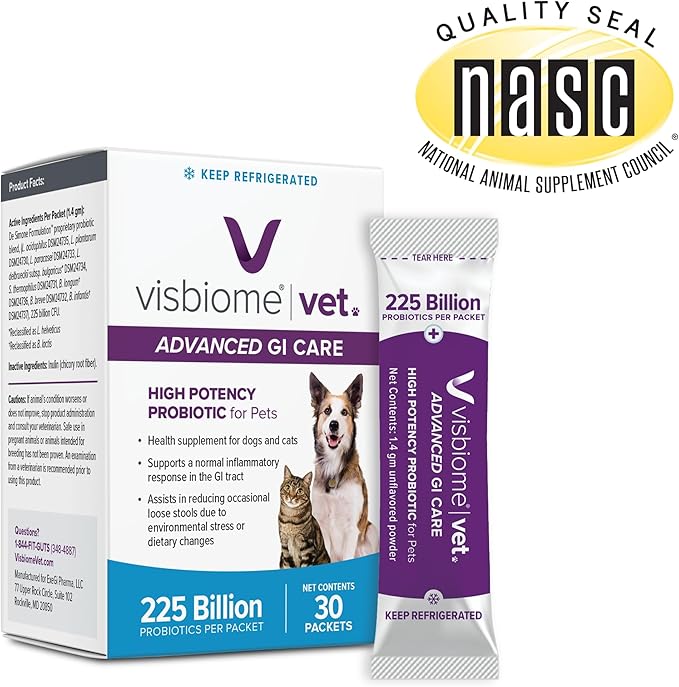 Visbiome® Vet Advanced GI Care High Potency Probiotic for Dogs & Cats – 225B CFU, 8-Strain Formula – Refrigerated, Veterinarian Recommended, Clean Label Certified – 90 Packets