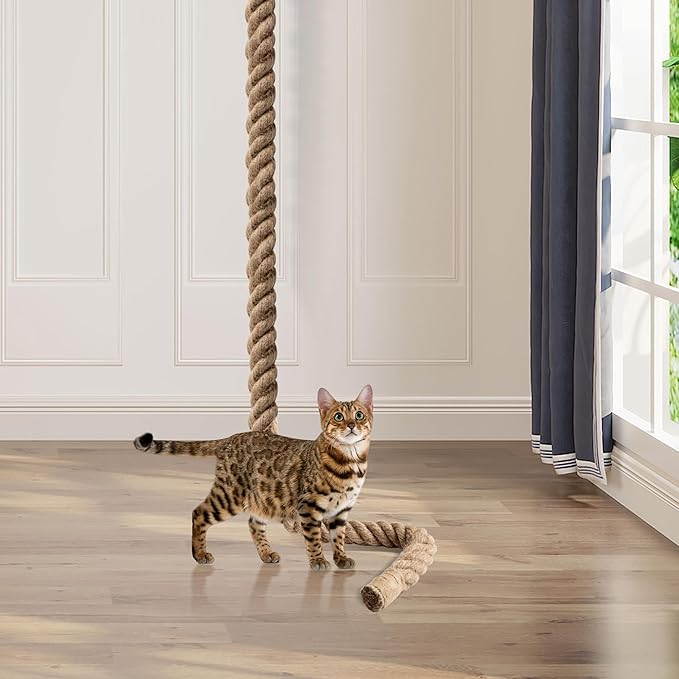 2" x 9.84Ft Cat Climbing Rope with Hook for Ceiling & Wall Mounted, Natural Sisal Rope for Cat Scratcher with Feather Toy for Indoor/Outdoor Cats, Durable Cat Tree Replacement Rope