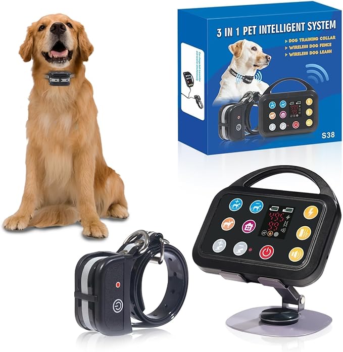 Plkm Wireless Dog Fence Electric Fence Indoor Outdoor Dog Training Collar Pet Intelligent 3 in 1 System, AI Technology Out-of-Range Reminder, Adjustable Range Shock Strength, Rechargeable Waterproof