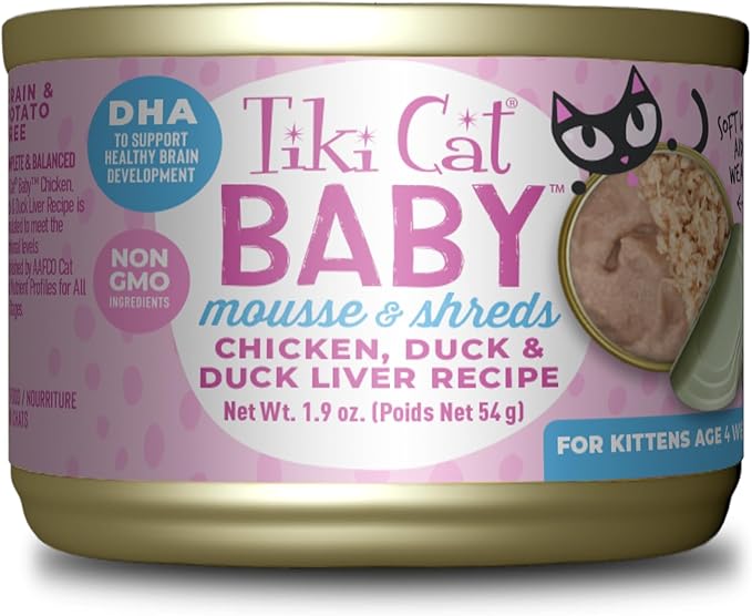 Tiki Cat Baby, Chicken Duck & Duck Liver Mousse & Shreds, High-Protein and Flavorful, Wet Cat Food for Kittens 4 Weeks Plus, 1.9 oz. Cans (Pack of 9)
