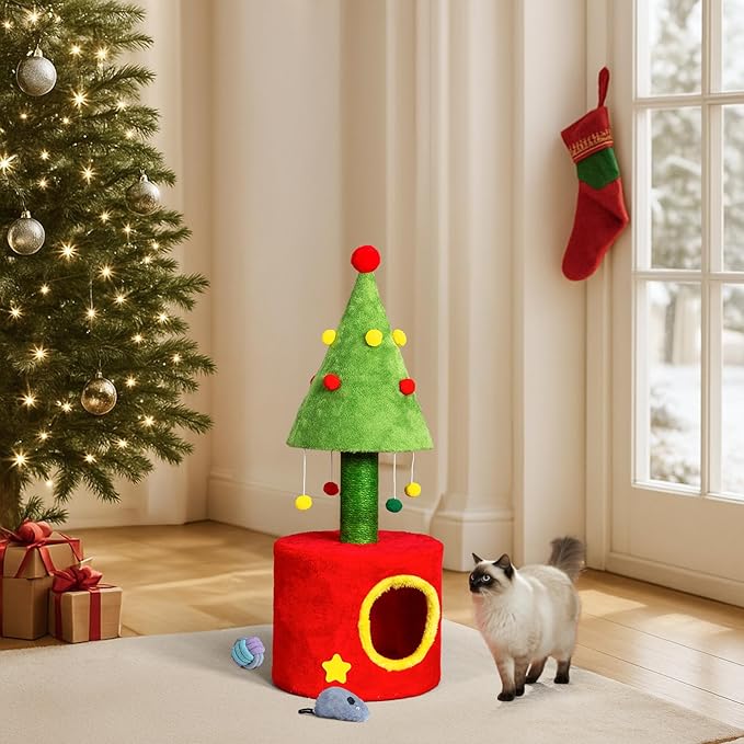 30in Cat Scratching Post with Cat House for Indoor Kitten, Small Cat Tree Tower with Sisal Post and Cute Hanging Balls, Red & Green