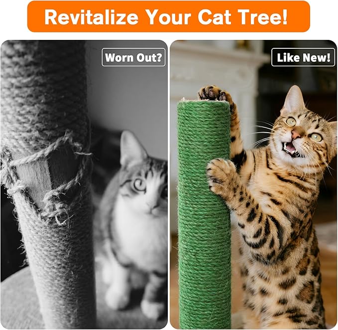 4 Pack Cat Scratching Post Replacement, 15.7 x 3.1 Inch Sisal Poles with M8 Screws, Refill Parts for Indoor Cat Towers and Furniture Repair-Green