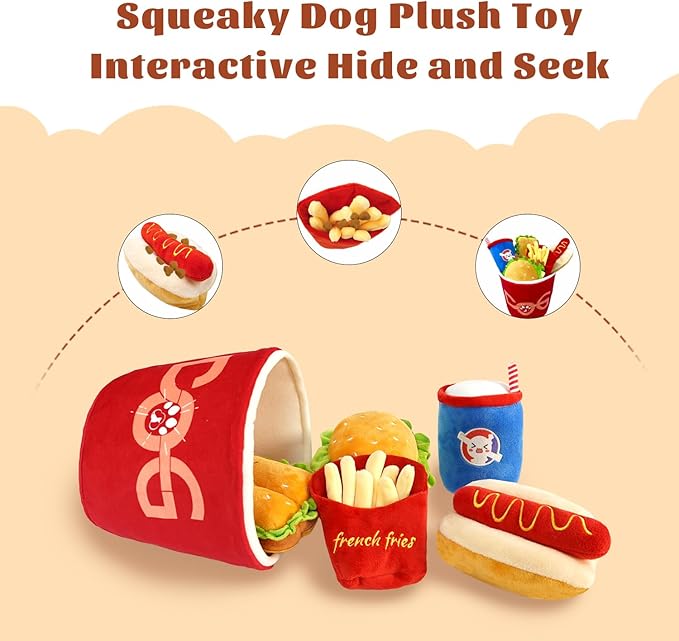 6-Pack Crinkle Squeaky Dog Toys for Aggressive Chewers Fast Food Plush Chew Toys Pet Set: Hide Seek Bucket, Chicken Hamburg, Fries, Cola, Hot Dog Durable Stuffed Dog Toys for Medium Small Breeds Puppy