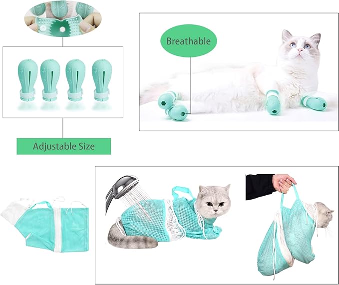 Anti-Scratch Silicone Cat Shoes, Adjustable Multifunctional Anti-Bite Shower Net, Cat Grooming Mesh Bag, Pet Medical Shoes