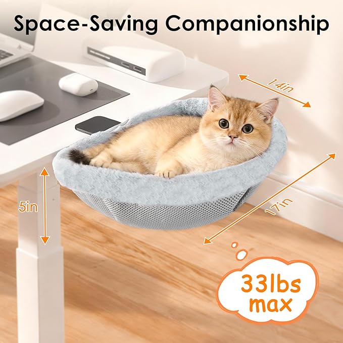 Cat Desk Bed with 2 Nests, One-Click Folding & Hanging Desk Cat Bed Attachment with Washable Winter & Summer Dual Nests, Cat Hammock Supports Large Cats up to 33lbs, Light Grey