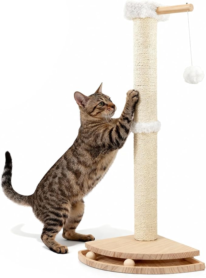 Cat Corner Scratcher with Interactive Ball Toys for Indoor Cats, Sisal Cat Scratching Post with Danging Ball for Wall Corners Furniture Protector 28''