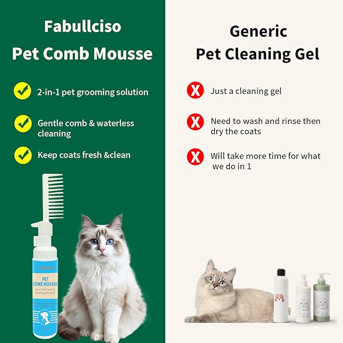 2-in-1 Pet Grooming Kit, Gentle Comb and Waterless Cleaning Mousse for Dogs and Cats, No-Rinse Foam for Fresh-Smelling, Soft, Tangle-Free Coats