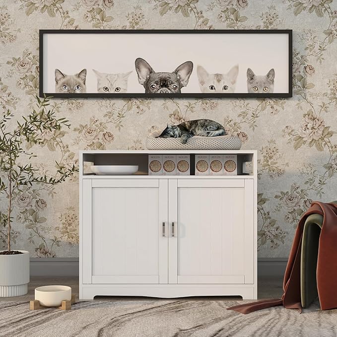 31.5" L White Cat Litter Box Enclosure with Hidden Plug & 2 Doors, Indoor Large Cat Washroom Storage Bench Side Table