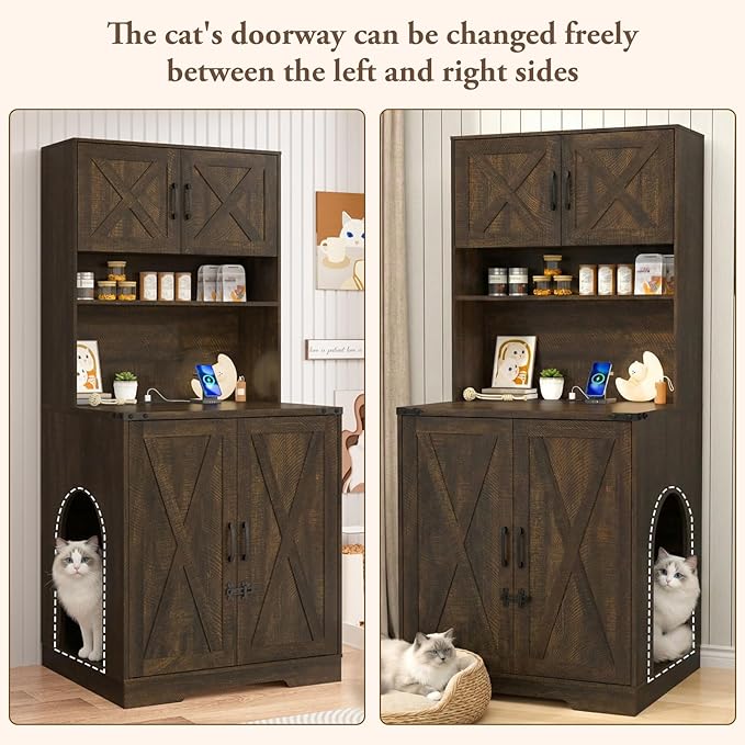71Inches Tall Cat Litter Box Enclosure for Cats W/Power Outlets,Open Shelves.Wooden Pet Washroom Furniture W/Locks,Cabinet.White Indoor Cats House,Hidden Cat Litter Box for Living Room,Bedroom