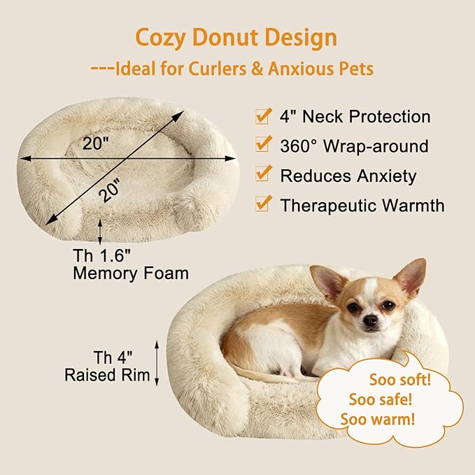 Calming Dog & Cat Beds for Small Medium Dogs Cats, Anti-Anxiety Pet Bed Orthopedic Donut Cushion, Soft Fluffy Faux Fur Warming Cozy Washable, Fits up to 15 lbs Pets (Round, Beige 20")
