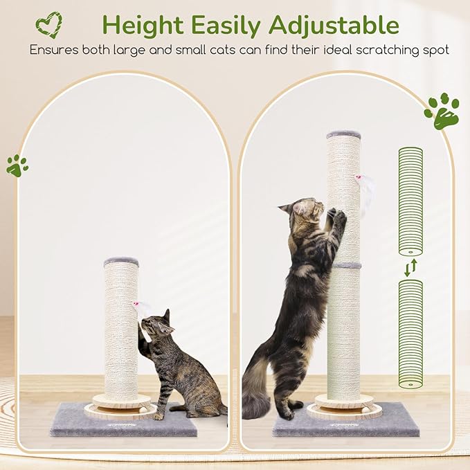 Globlazer Extra Thick Large Scratching Post for Indoor Cats Adults and Kittens, 35in Tall Natural Sisal Rope Scratcher Post, Large Cat Scratcher with Ball Interactive Toy, SC35, Light Grey