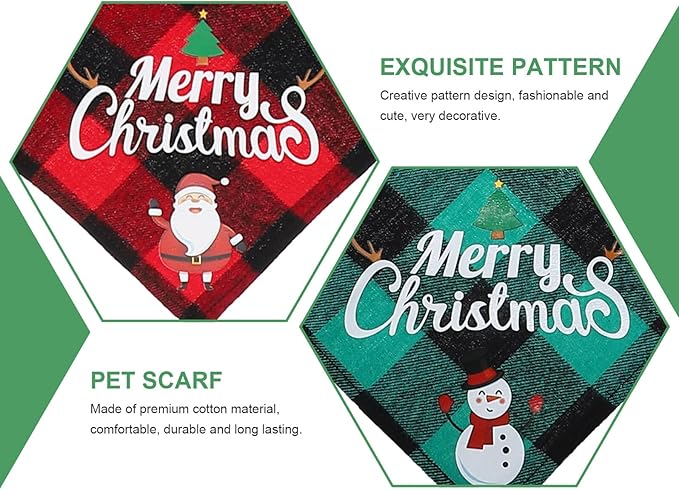 Unomor Christmas Dog Bandanas and Dog Triangle Bibs 2pcs Plaid Cotton Scarves with Christmas Santa Snowman Patterns Soft Pet Supplies for Holiday Wear