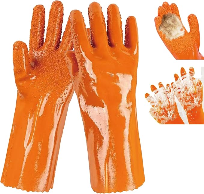 YOFANG Newly Pet Grooming Gloves for Washing Dogs & Cats, 4-in-1 Long Bathing Massage Hair Remover Brush, Anti-Slip Bite-Proof for Cat,Deshedding Glove with Soft 3500+ Particles, Orange-14