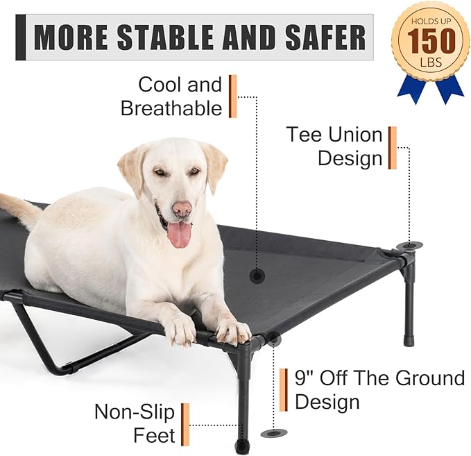 XL Elevated Dog Bed for Large Dogs, Raised Dog Cot Beds, Heavy Duty Pet Beds with Durable Teslin Recyclable Mesh, Black Outdoor Pet Bed