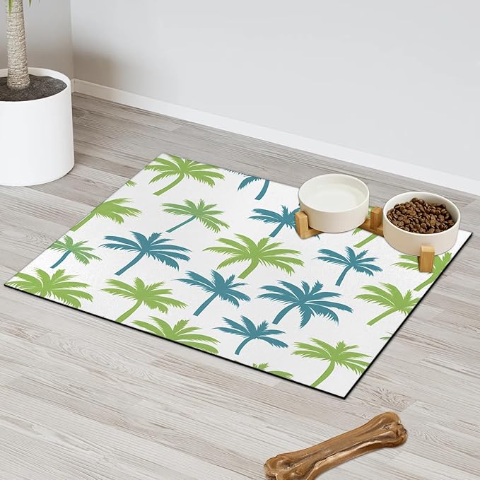 Palm Tree Dog Food Mat for Floors Absorbent, Quick Dry Water Dispenser Mat for Food, Water, Pet Supplies 12" x 20", Coconut Tree Plants