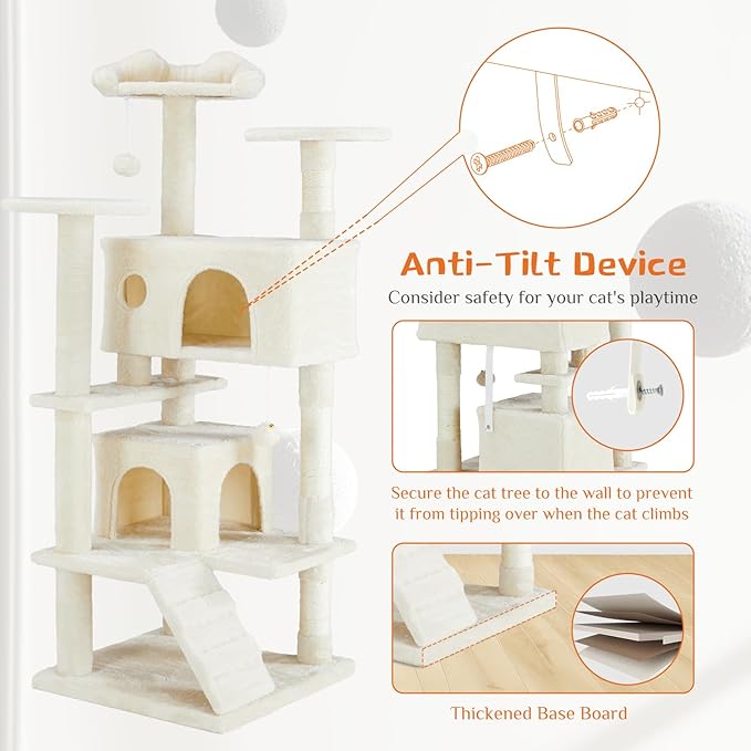 FluffyDream Cat Tree Tower for Indoor Cats, 54 Inches Multi-Level Activity Cat Tree with Sisal Scratching Posts Cat Play House Large Kitten Condo Funny Toys Climbing Ladder, Beige,Premium