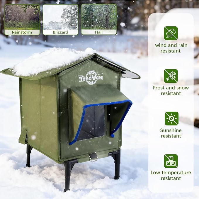 Outdoor Cat House Heated Cat House for Outside with Elevated Base Cat-Attracting Eave Design Feral Stray Shelter Weatherproof in Winter Garage Yard Porch