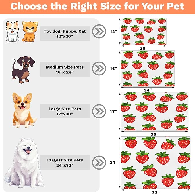 Cute Strawberry Dog Food Mat for Floors Absorbent Dog Bowl Mat for Food and Water Dispenser Quick Dry Cat Food Placemat Pet Supplies 16" x 24", Red Fruit