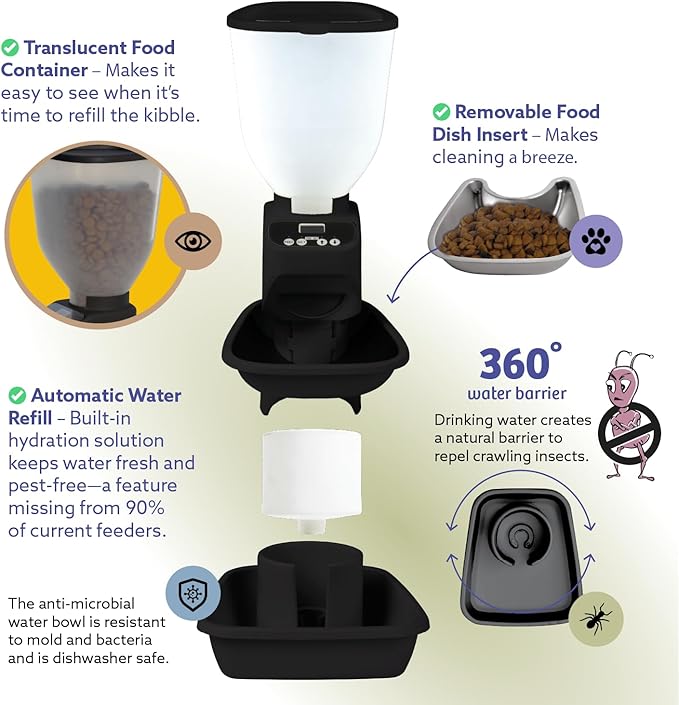Feeding Friend® Automatic Dog & Cat Food Feeder with Water Dispenser Smart Pet Feeder with Portion Control, OLED Display, Anti Jam Design, Battery Operated Dispenser for Small XS 4-15 lbs Pets Black