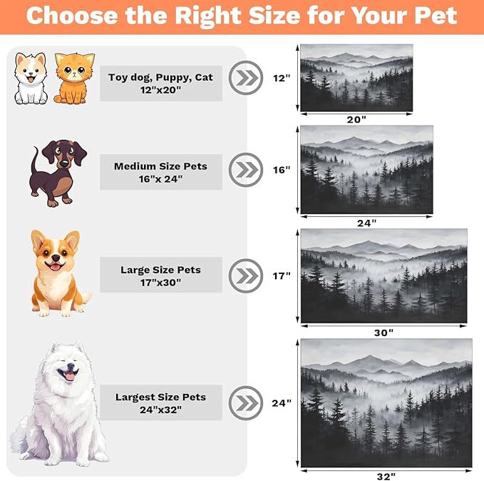 Misty Forest Dog Food Mat for Floors Absorbent, Quick Dry Water Dispenser Mat for Food, Water, Pet Supplies 17" x 30", Nature Woodland