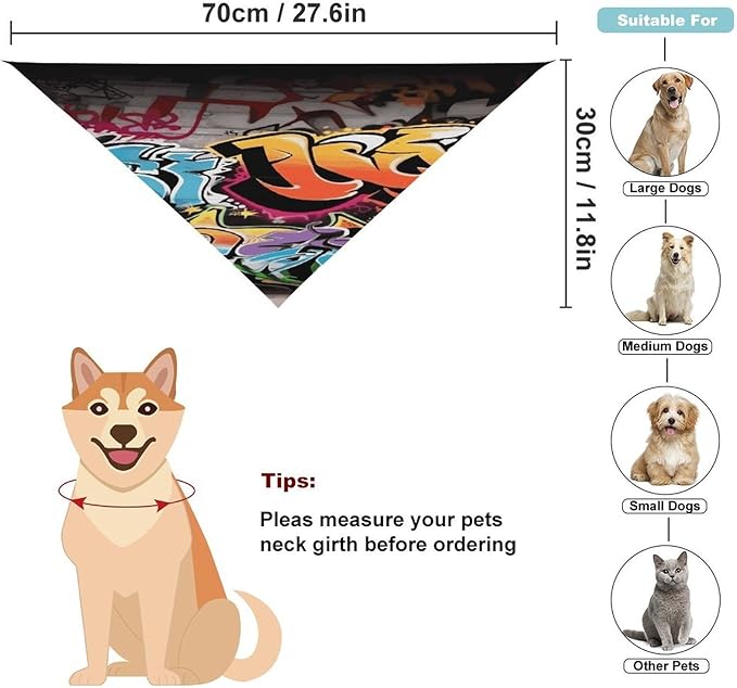 Dog Bandana Spring Pet Scarf Adjustable Triangle Graffiti Hip Hop Printing Dog Bib Washable Polyester Puppy Bandana for Small Medium Large Dogs Cat Birthday Party Supplies