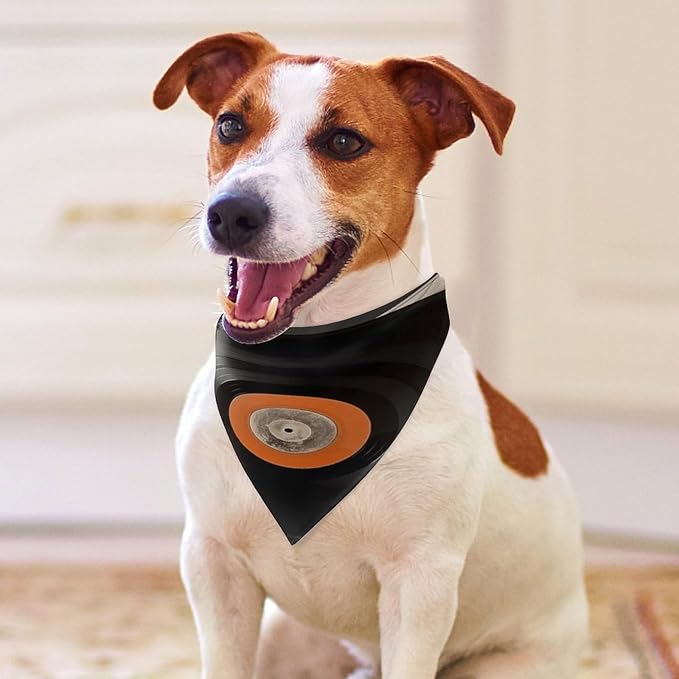 Dog Bandana Spring Pet Scarf Adjustable Triangle Vintage Vinyl Record Printing Dog Bib Washable Polyester Puppy Bandana for Small Medium Large Dogs Cat Birthday Party Supplies