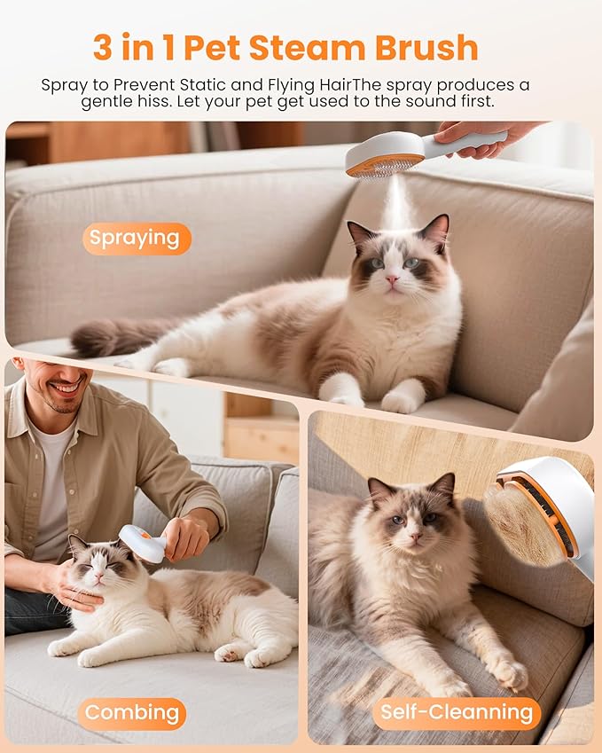 Cat Steam Brush with Waterless Shampoo, 3-in-1 Pet Steam Brush for Dog, Self Cleaning Pet Spray Hair Removal Comb for Long Haired Pets, Cool Mist Only