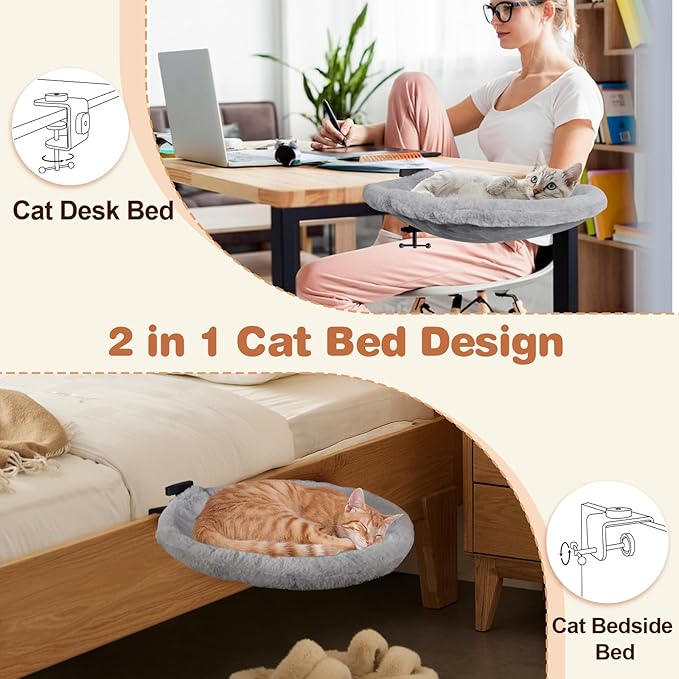 2-in-1 Cat Desk Bed & Bedside Perch (Vertical & Horizontal Clamp), Includes 2 Covers (Winter Plush + Summer Mesh), Sturdy Desk Cat Hammock for Indoor Cats, Holds up to 40 lbs