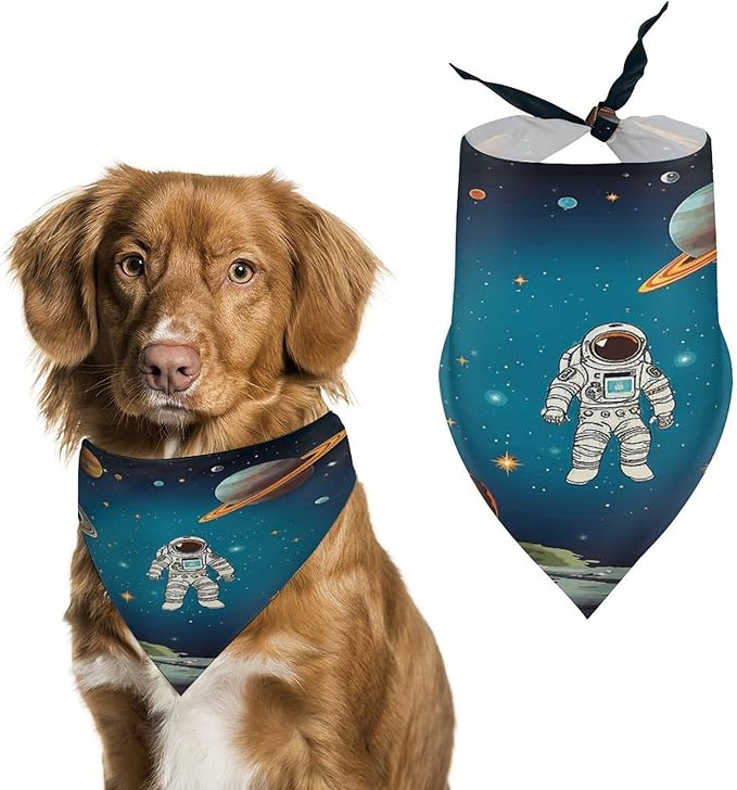 Dog Bandana Spring Pet Scarf Adjustable Triangle Outer Space Rocket Astronaut Printing Dog Bib Washable Polyester Puppy Bandana for Small Medium Large Dogs Cat Birthday Party Supplies