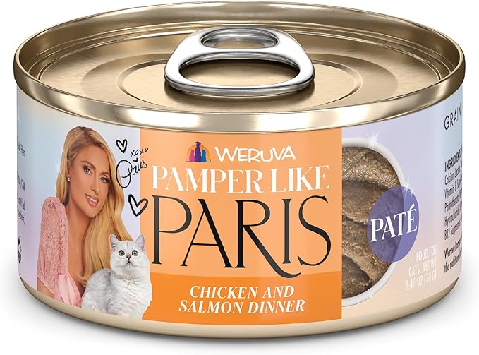 Weruva Paris Hilton Pamper Like Paris Natural Grain Free Wet Cat Food, Chicken and Salmon Paté, 2.47oz Can (Pack of 12)