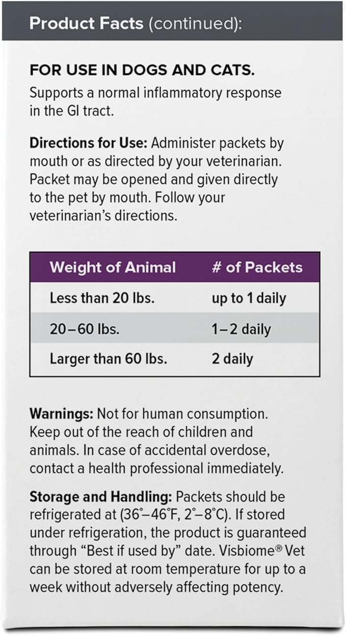 Visbiome® Vet Advanced GI Care High Potency Probiotic for Dogs & Cats – 225B CFU, 8-Strain Formula – Refrigerated, Veterinarian Recommended, Clean Label Certified – 90 Packets