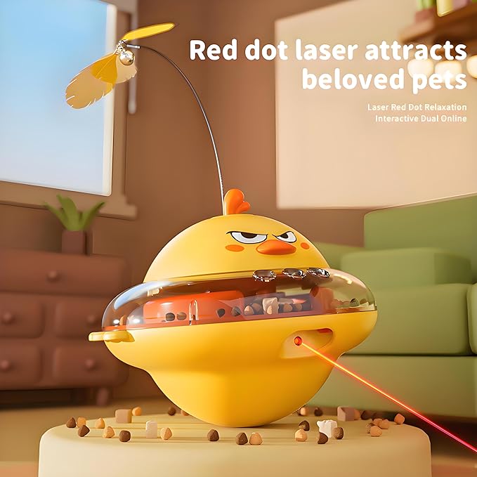 hooroor 4-in-1 Interactive Cat Toy for Indoor Cats: Automatic Laser Pointer, Feather Teaser, Treat Dispenser & Bird Chirp - USB-C Rechargeable Self-Balancing Toy to Relief Boredom & Anxiety