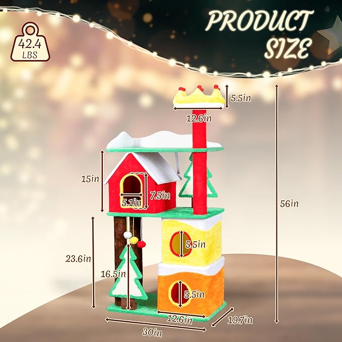 Outvita 56in Christmas Themed Plush Cat Tree, Multi-Level Cat Tower with Cat Condos, Top Crown Perch, Sisal Ramp Scratching Posts, Large Cat Pet Activity Center for Indoor Cats