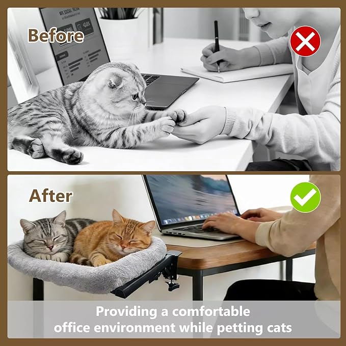 Cat Hammock for Desk Side - Foldable Office & Gaming Perch, Soft Faux Rabbit Fur Calming Bed, Heavy Duty Metal Frame Holds 33 lbs, Prevents Keyboard Sitting