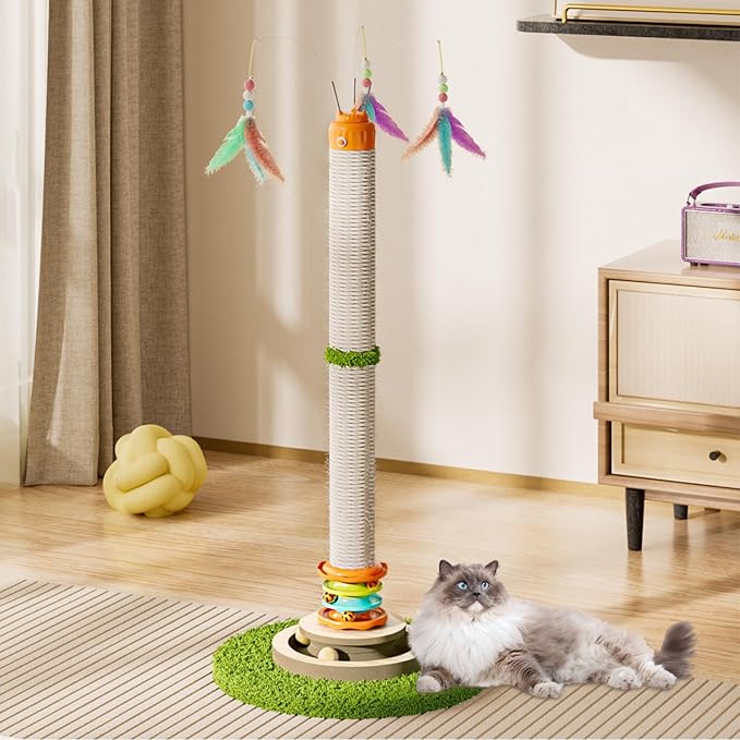 Cat Scratching Post，40'' Tall Cat Scratcher Tree Cat Toys for Indoor Cats with Cat Toys 4-Tier Roller Track，Automatically Rotating cat Teaser Wand，Hanging Balls for Kittens Adults Cats