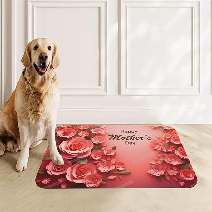 Pet Feeding Mat for Dogs Cats Happy Mother's Day Red Floral Gift for Mom Du Absorbent Dog Food Mat Non-Slip Waterproof Placemat Quick Dry Pet Supplies Bowl Mats