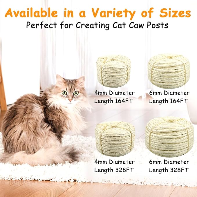 Sisal Rope for Cat Scratcher 1/4" Diameter 328 FT Cat Natural Sisal Rope for Repairing Cat Scratching Post Cat Tower Repair Rope Cat Tree Rope Replace Recovering and DIY