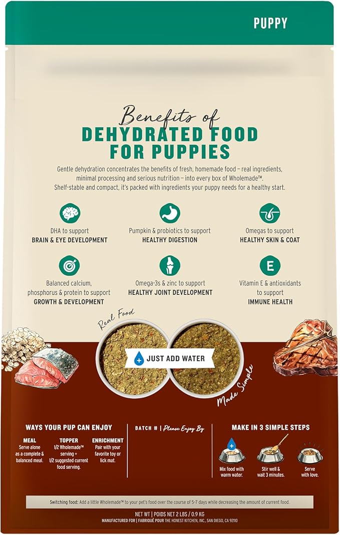 The Honest Kitchen Human Grade Wholemade™ Whole Grain Beef & Salmon Dehydrated Puppy Dog Food, 2lb Bag (Makes 8lbs)