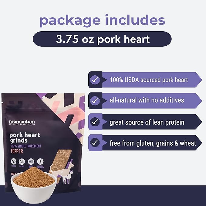 Momentum Carnivore Nutrition Freeze-Dried Pork Heart Pet Food Topper – Single-Ingredient, All-Natural Topper – High-Protein for Dogs and Cats, Grain-Free and Made in The USA– (3.75 oz Bag)