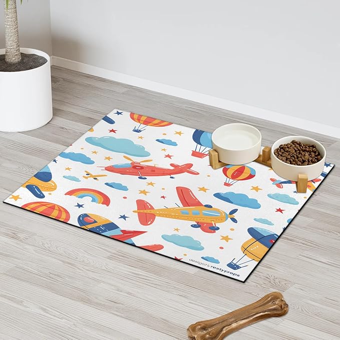 Airplane Dog Food Mat for Floors Absorbent, Quick Dry Water Dispenser Mat for Food, Water, Pet Supplies 12" x 20", Rainbow Clouds