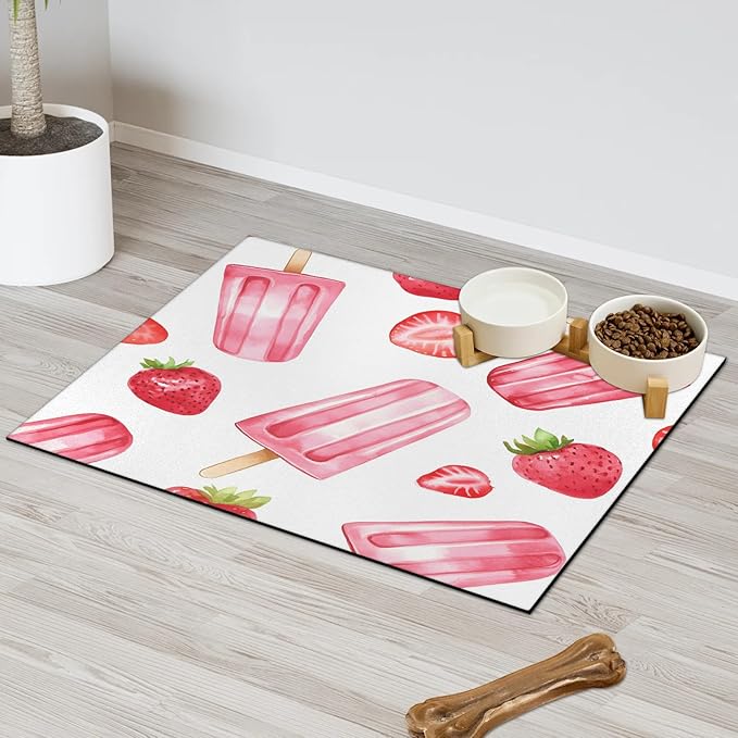 Ice Cream Dog Food Mat for Floors Absorbent Dog Bowl Mat for Food and Water Dispenser Quick Dry Cat Food Placemat Pet Supplies 24" x 32", Strawberry