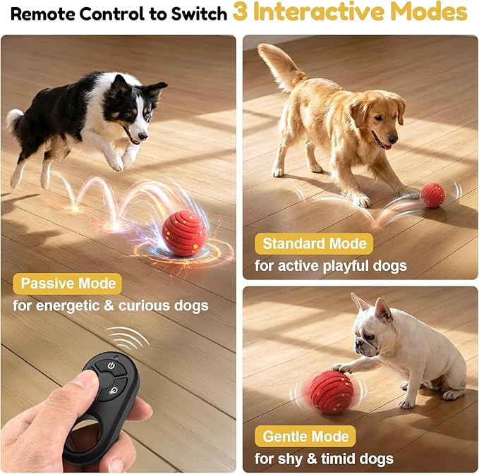 Interactive Dog Toys with Remote Control,Active Rolling Balls with 3 Play Modes, Auto-Moving, Bouncing, High-Resilience E-TPU Chew Resistant IPX6 Waterproof Indoor&Outdoor Use, Toys Dogs