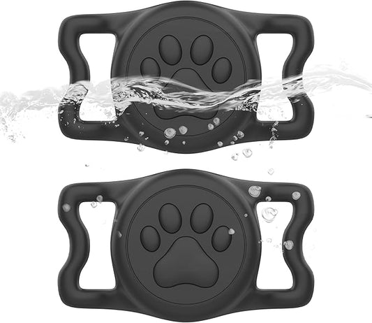 2-Pack Airtag Holder for Dog Collar, Waterproof Silicone Protective Case Cover, Anti-Lost Tracker Universal Fit for All Width Pet Collars (Black&Black)